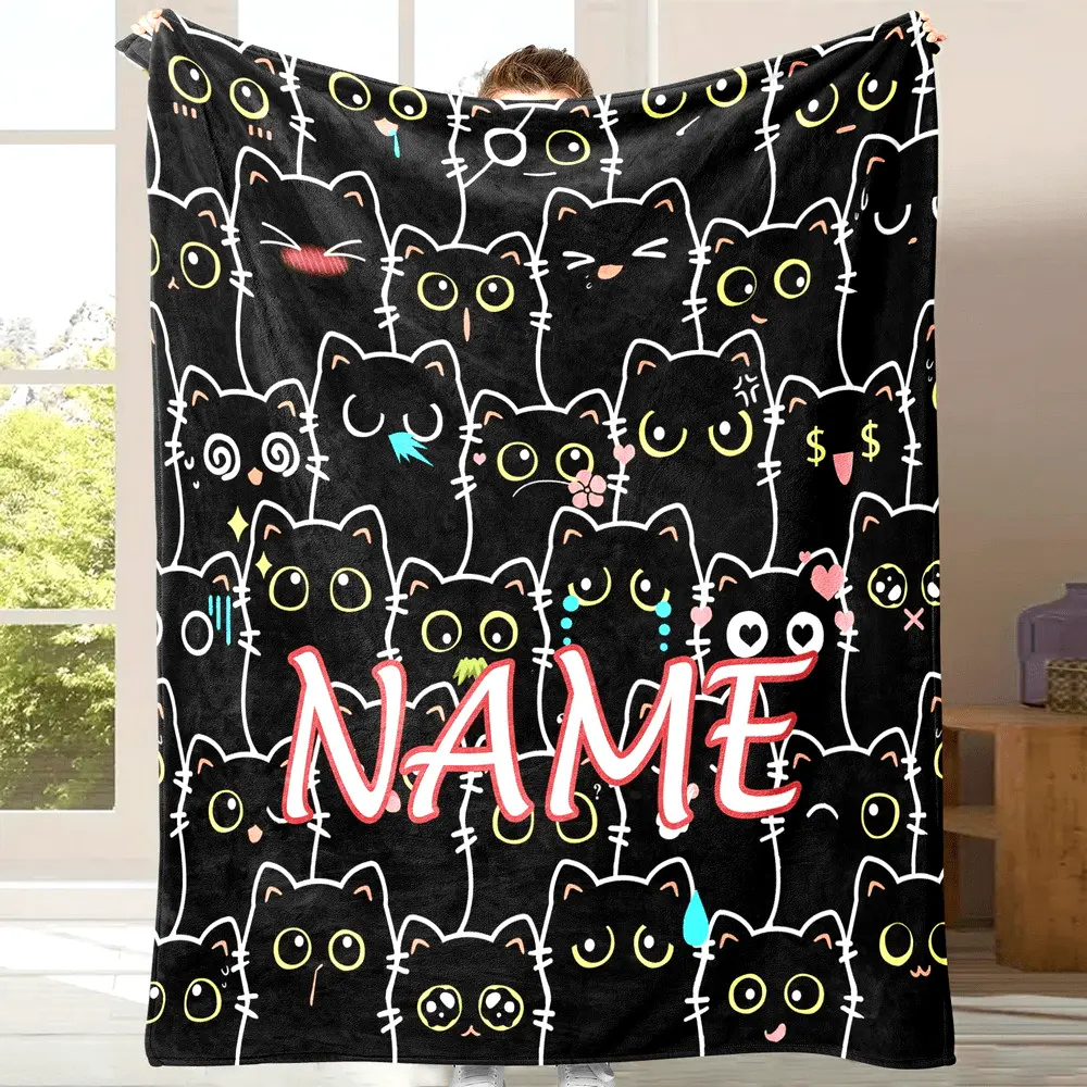 Personalized Cartoon Cat Throw Blanket with Custom Name - Soft Flannel Fleece, All-Season, Digital Print, Contemporary Style, Multipurpose for Camping, Sleeping, Living Room Sofa - Machine Washable