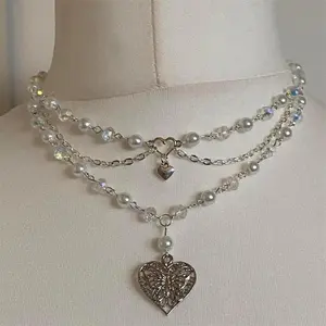 Women & Girls' Butterfly Heart Pearl Necklace - Vintage Y2K Double-Layer Gothic Fairy Core Choker