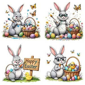4pcs Cute Bunny & Easter Egg Iron-On Transfer Stickers - PVC Vinyl DIY Heat Press Decals with Smiling Bunnies, Happy Easter Holiday Egg Hunt Designs, Spring Crafts for Clothing, Bags, Hats, Fabric (No Sew) - Multicolor Cartoon Patterns, Handmade Crafts