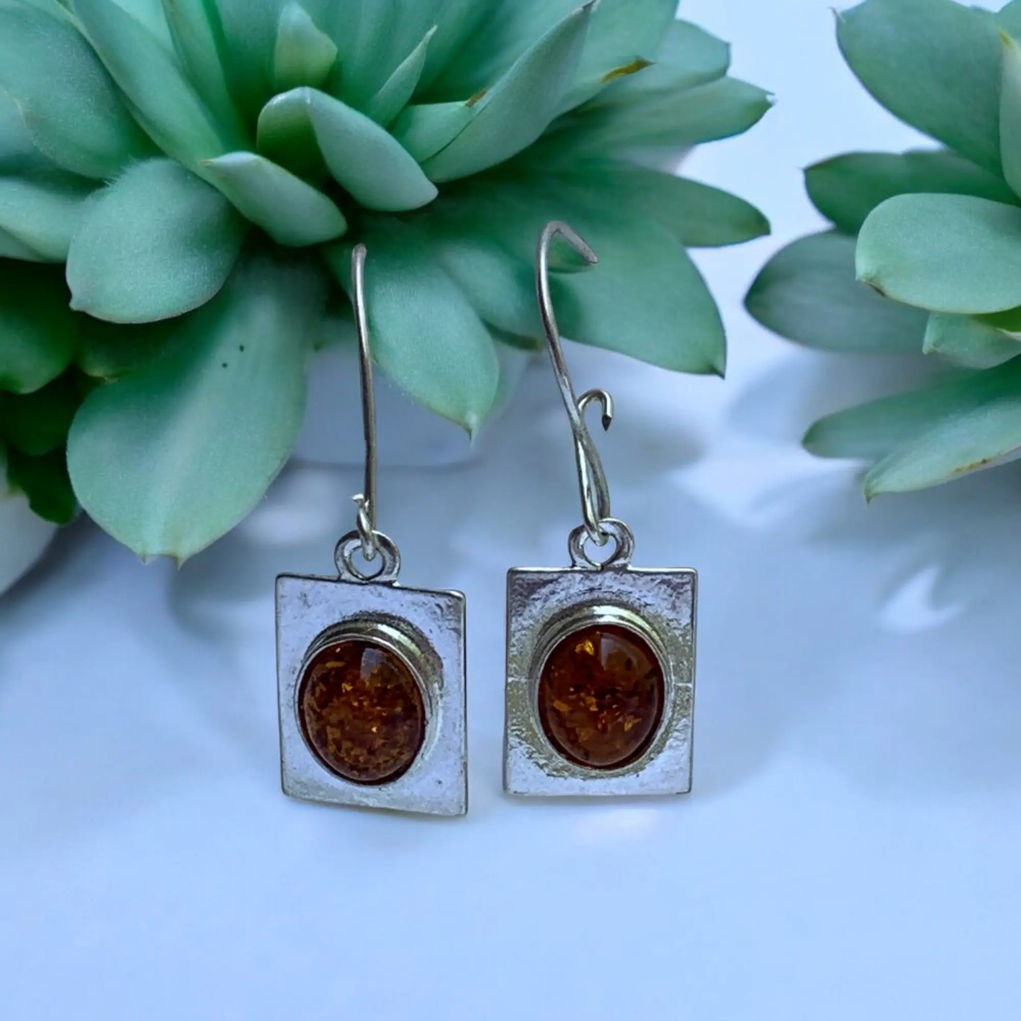 Baltic Amber Drop Dangle Square Earrings Rich Orange Colors for Adults Unique Oval Stones 1 3/8" Length High Quality Jewelry