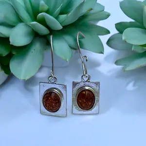 Baltic Amber Drop Dangle Square Earrings Rich Orange Colors for Adults Unique Oval Stones 1 3/8" Length High Quality Jewelry