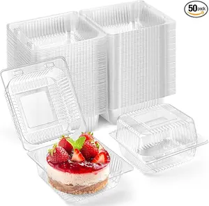50 Pack Clear Plastic Take Out Food Containers, Square Cake Slice Containers with Hinged Lids.