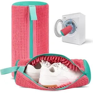 2 Piece Mesh Laundry Shoe Washing Bag Set, Reusable Microfiber Shoe Cleaning Wash Bags for Washer and Dryer with Durable Zipper for Tennis, Sneakers, Running Shoes, Pink and Green,  Lightweight