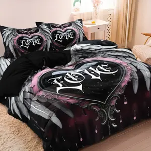 3pcs Set Valentine'S Day Gothic Heart Couple Wings Print Decorative Duvet Cover Set, King And Queen Style Bedding Set, Polyester Machine Washable Bedroom Guest Room, Birthday Gift, Bed Sets (Includes 1 Duvet Cover + 2 Pillowcases, No Quilt Core)