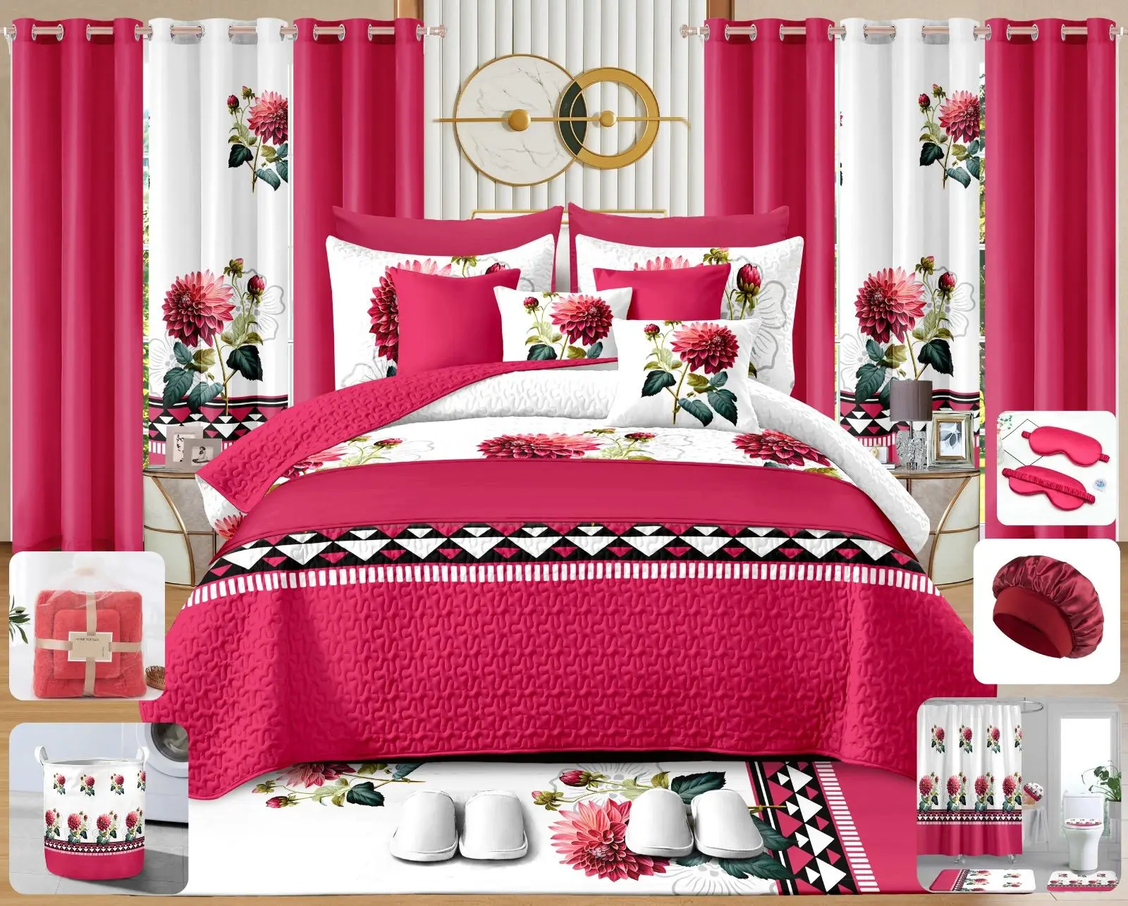 Multi-Piece Floral Bedding Set with Curtains & Bathroom Accessories – Soft Comforter Set, Multiple Colors & Sizes