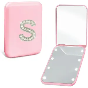 Travel Essentials Accessories Personalized LED Pocket Mirror  Letter 1X/2X Magnification Small Travel Makeup Mirror with Lights Pink Folding Compact Mirror for Women Teen Girl (S)