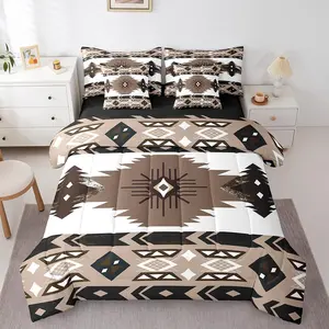 Feelyou 7-Piece Multi-Size Boho Western Microfiber Comforter Set King, Breathable Vintage Geometric Triangles-Diamond Bedding with Ethnic Stripes, Southwestern Native Aztec Bed-in-a-Bag & Sheet Set, Machine Washable White Brown Room Decor