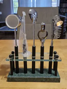 Vintage MCM Bar Tool Set Of 5 Pieces On Green Marble Stand