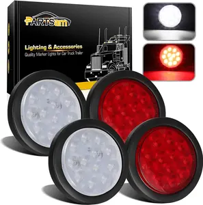 Partsam Round Led Stop Turn Tail Backup Reverse Fog Lights 4 Inch for Truck Trailer RV, 4pcs/Set (2 Red + 2 White)