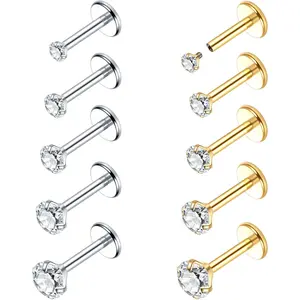 18G 16G Flat  Stud Earrings 14K  Plated Internally Threaded CZ Stud   for Tragus Helix Cartilage Conch Nose  Lip Labret Medusa