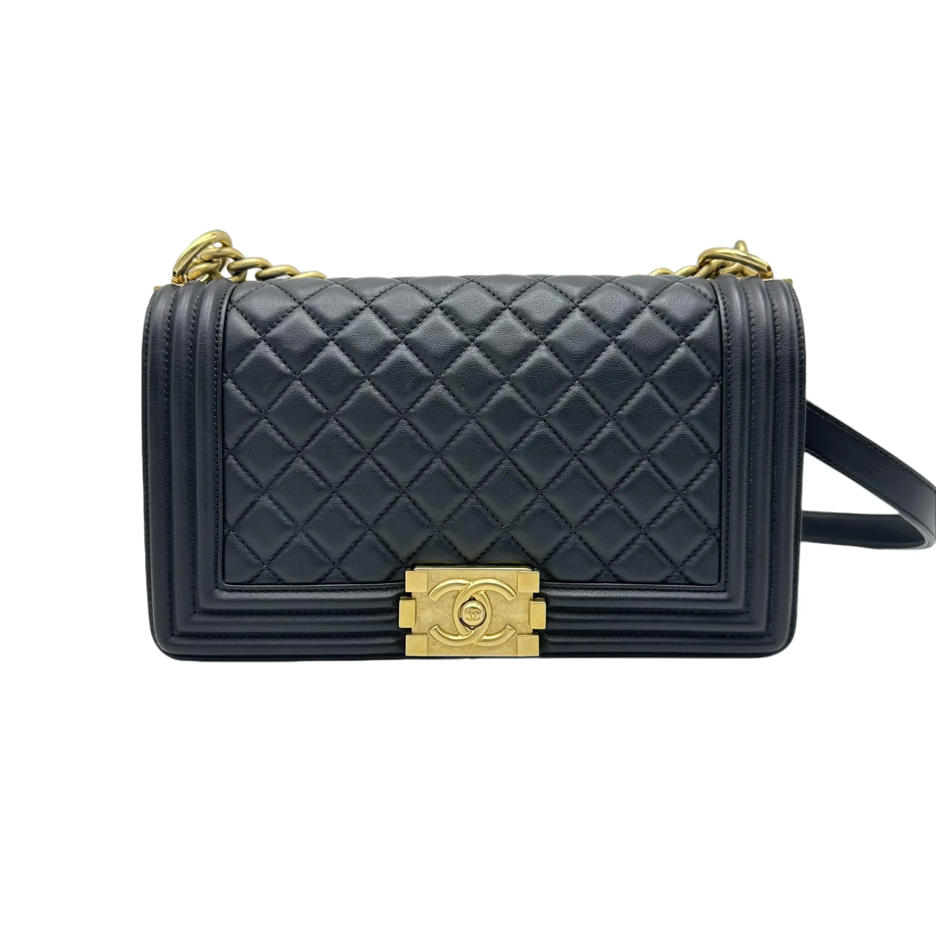 Pre-owned CHANEL hz8 Black and Gold Lambskin Medium Le Boy Crossbody Bag 70797