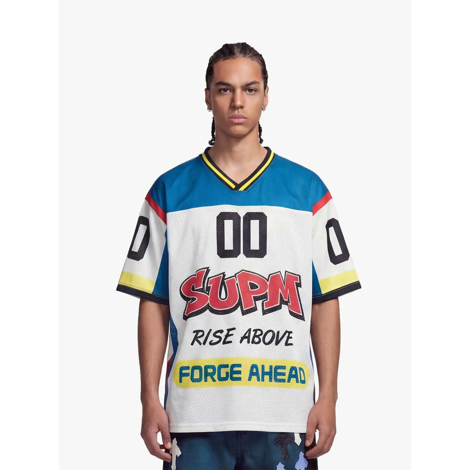 Men's Colorblock Sport Jersey, Oversized Streetwear T-Shirt in Breathable Mesh with V-Neck and Graphic Print