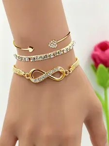 Women's 18k 3-Piece Bracelet Set, Rhinestone Infinity Symbol Open Bangle, Party Glamorous Daily Fashion Jewelry