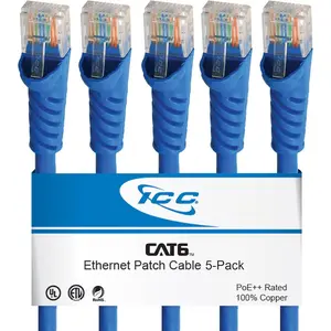 CAT6 Ethernet Patch Cord 10 FT 5-Pack, UTP 24 AWG UL Listed, PoE++,  Stranded Copper Snagless Patch  for Patch Panel to Network  for Data Center, Office, and , 10  Blue