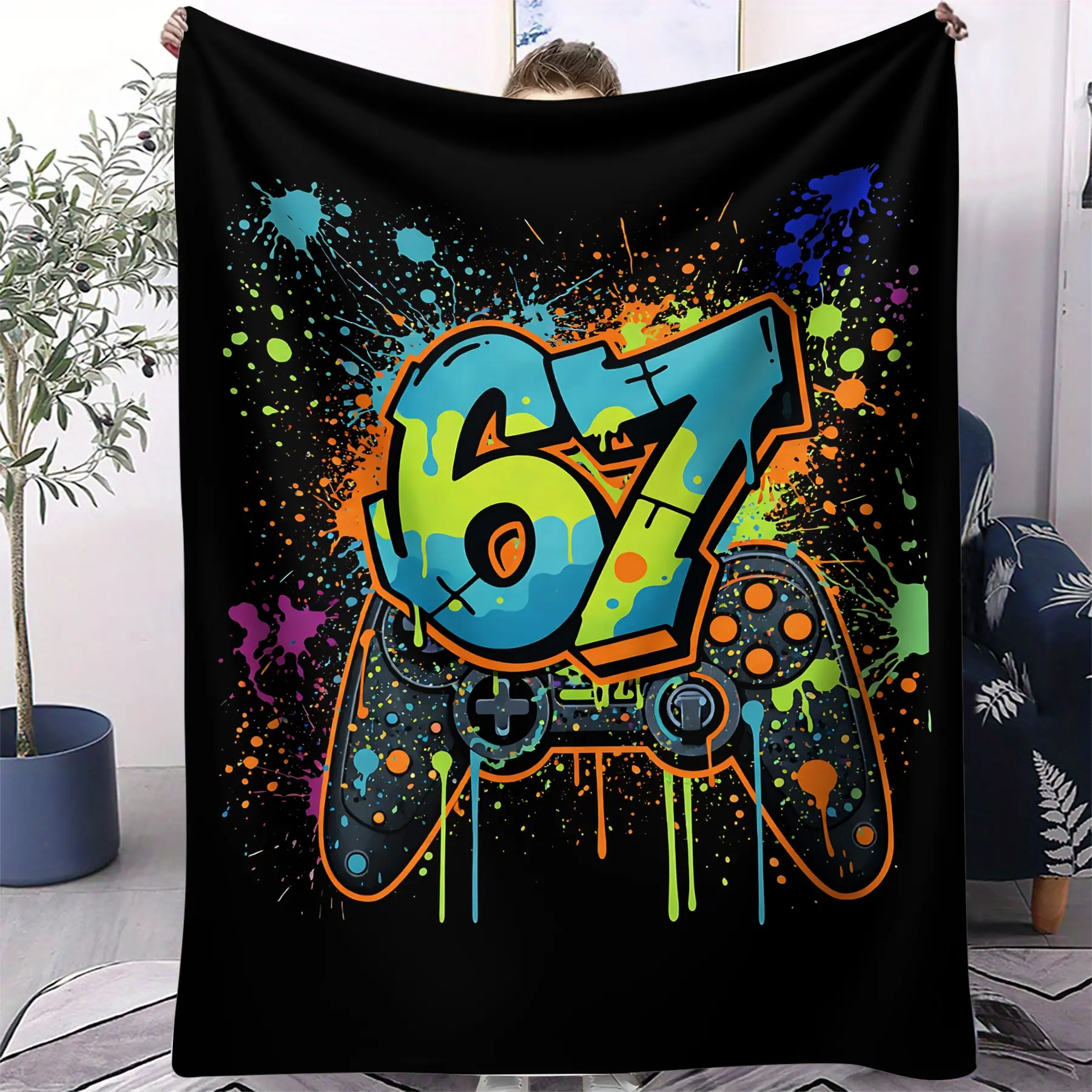 Game Controller "67" Graffiti Print Flannel Blanket, Street Trend Style, Thickened Material Warm Cozy Throw Blanket, Birthday Gift Idea for Teen Boys E-sports Fans, Bedroom, Sofa Home Use, Blanket for Couch