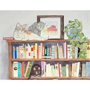 Top Shelf Card - 4.5 x 5.5 Inch Blank Inside with White Envelope - Delightfully Whiskered Cat Bookshelf Design for Personal Messages & Adorable Stocking Stuffer