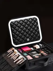 1pc  Large capacity portable hand-held makeup bag with zipper closure and diamond grid, fashionable and versatile, suitable for travel, commuting, business trips, and portable women's makeup bag