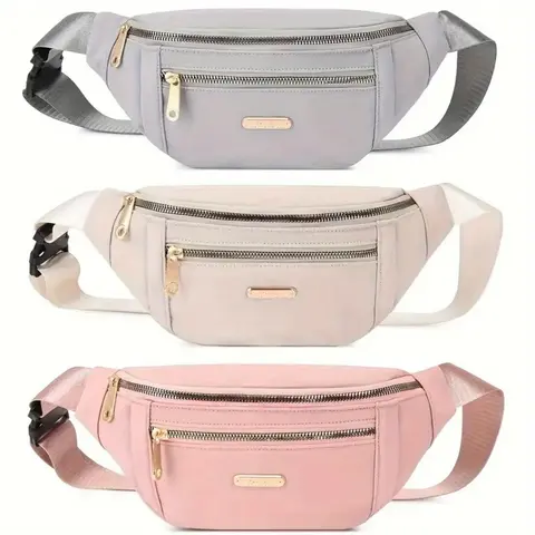 Women's 3-Pack Nylon Poly Fanny Pouch Bags - Snug Strap Adjust, Compact Multi-Pocket Fabric, Waterproof Multi-Zipper, Lightweight Front/Back/Shoulder Crossbody for Travel, Outdoor Activities (Pink+Gray+White)