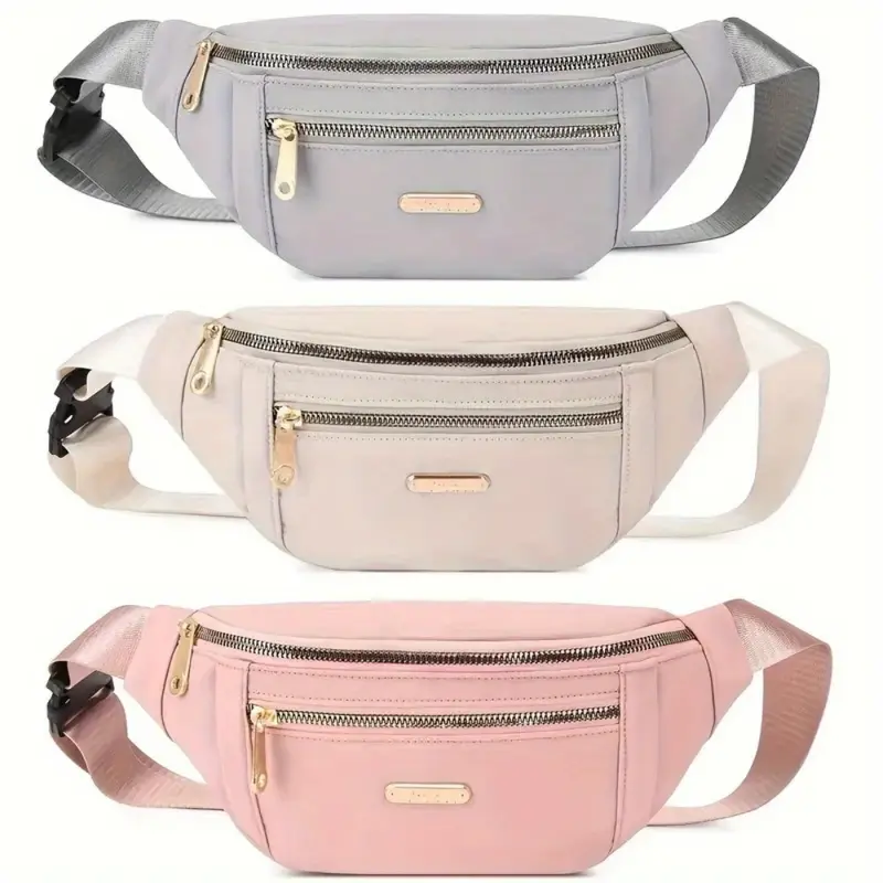 Women's 3-Pack Nylon Poly Fanny Pouch Bags - Snug Strap Adjust, Compact Multi-Pocket Fabric, Waterproof Multi-Zipper, Lightweight Front/Back/Shoulder Crossbody for Travel, Outdoor Activities (Pink+Gray+White)