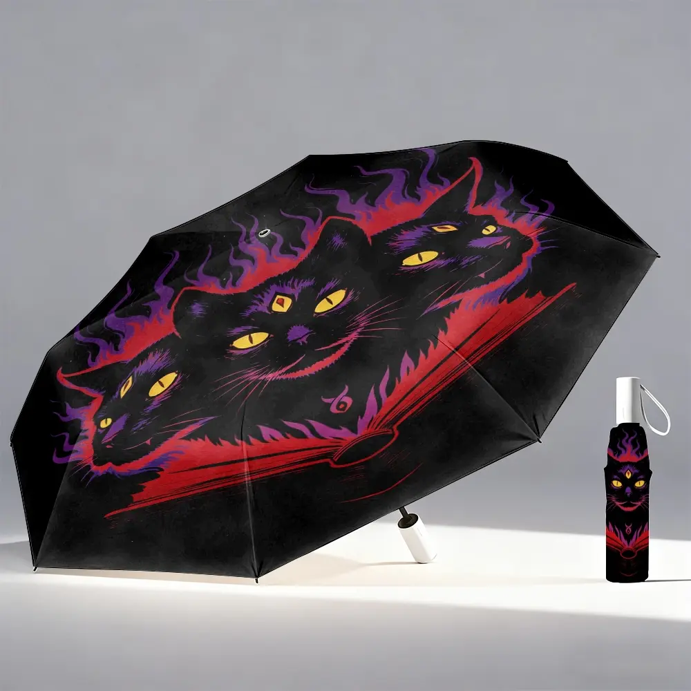 Automatic Open/Close Umbrella with Gothic Black Cat – Compact Travel Umbrella, Windproof 8-Rib Frame, Elegant Gothic Design for Women and Men – Perfect Halloween Gift or Everyday Use, Halloween Decoration, Fashion