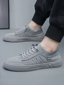 Men's Breathable Canvas Shoes, Korean Style Trendy Versatile Flyknit Sportswear Casual Sneakers, Comfortable Low Top Footwear