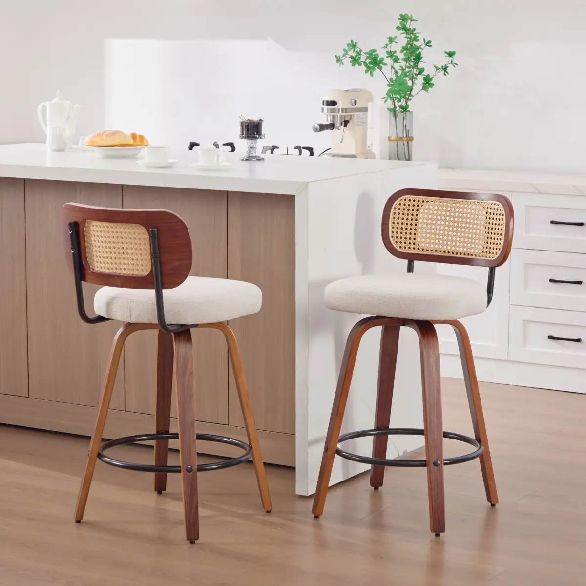 2-Piece Walnut Wood Swivel Chairs - 26-in Counter Height, 360° Swivel Barstools, Cane Rattan Weave Back, Beige Linen Upholstered Seat, Sturdy Ergonomic Indoor Furniture, Assembly Required, for Kitchen Island, SW1766BG, Cane Rattan Back