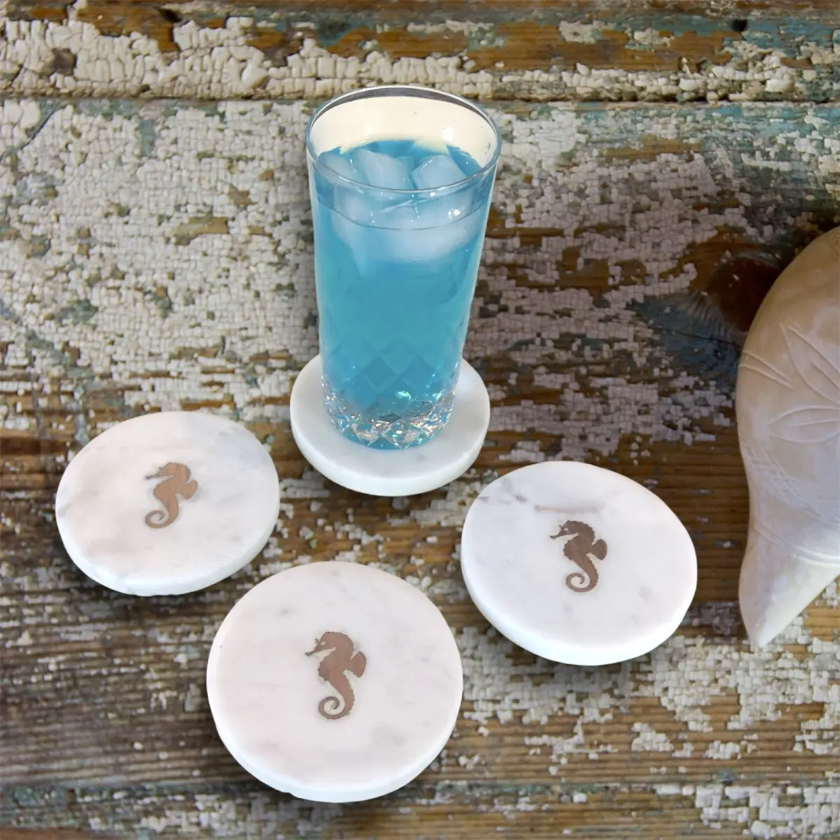 Metrotex Designs 16037 Round Reusable Sea Horse Marble Coasters Set, White Tableware