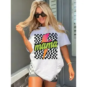 Retro Checkered "Mama" Lightning Bolt Graphic T-Shirt - Y2K Casual Fit Mom Tee