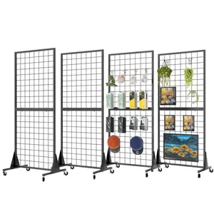 Gridwall Panel Display Stand 2.1' x 5.5' Ft, Heavy Movable Floorstanding Detachable Girdwall for Easy Transport, Standing Grid Tower with Extra Hooks, Display Rack for Retail and Craft Fair-4 Pack