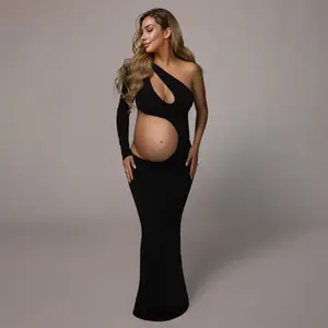 Maternity Elegant One Shoulder Cut Out Long Dress For Photoshoot Photography Gown Pregnancy Clothes