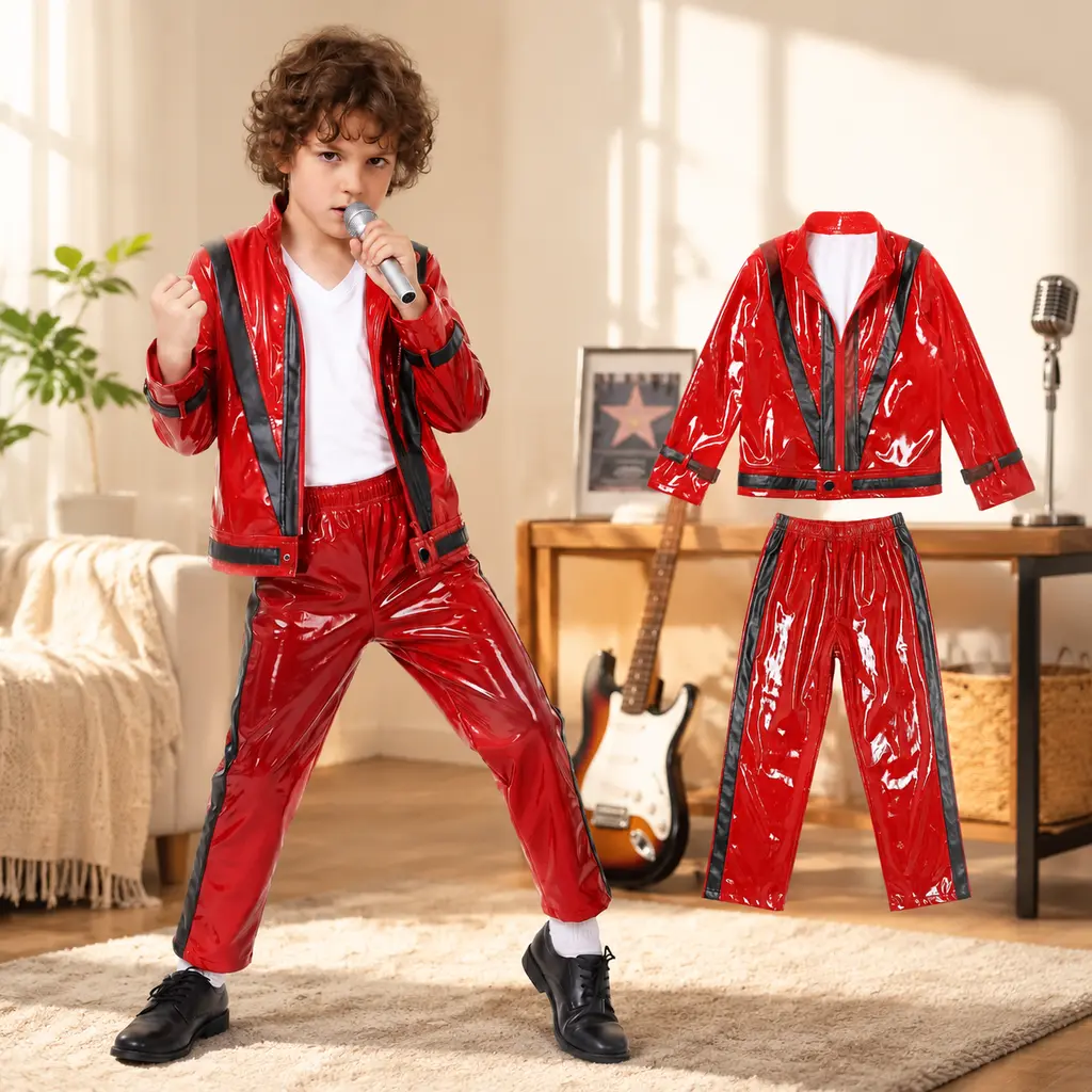 2PCS Kids Michael Cosplay Costume For Jacket and Trousers, Jackson Red Shiny Faux Leather Jacket and Pants Set, Boys Girls Pop Star Performance Outfit, Halloween Party Celebrity Dress Up Costume for Child