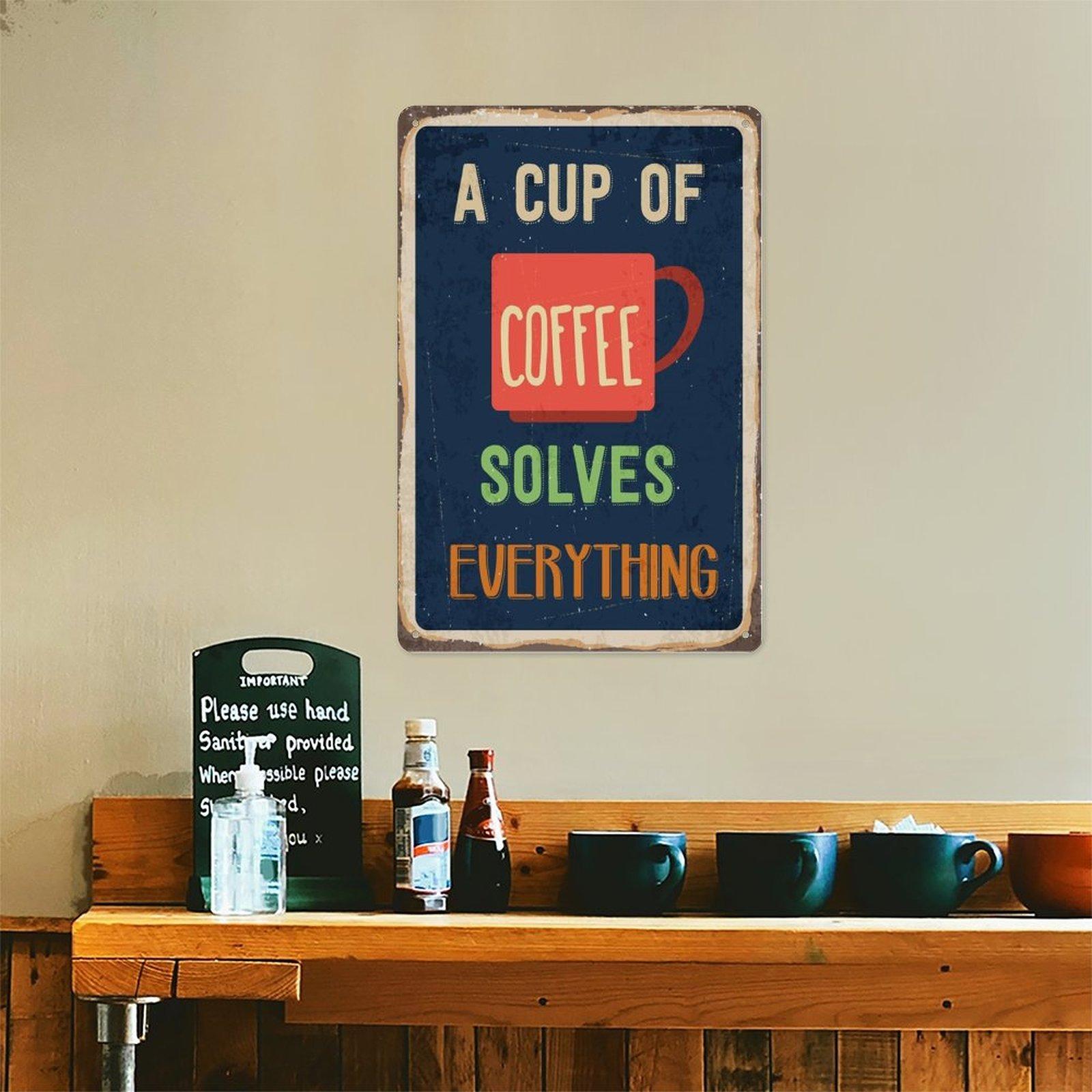 "A Cup Of Coffee Solves Everything" Vintage Metal Sign, 8x12 Inch Coffee Lover Wall Decor for Kitchen & Cafe