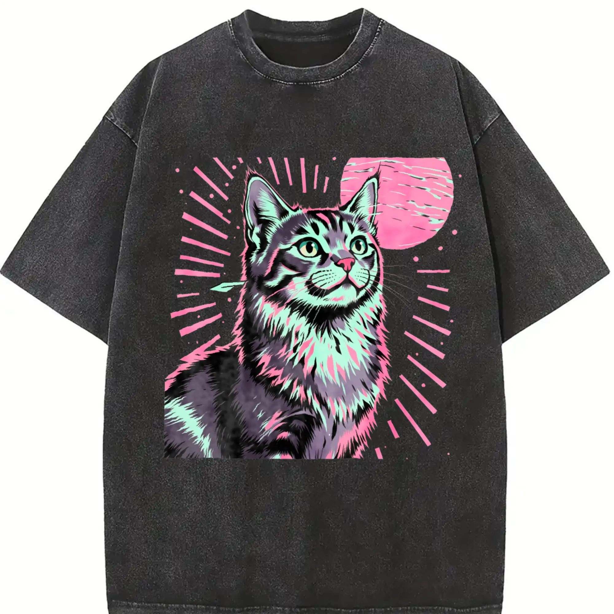 230gsm Washed T-Shirt with Retro-Futuristic Multicolor Cat Graphic | Black/Gray/Pink/Green - Streetwear Style Round Neck Short Sleeve Tee, Faded Grungy Texture, Batik Fabric for Casual Casual Attire Menswear Top, Shortsleeve, Tshirt