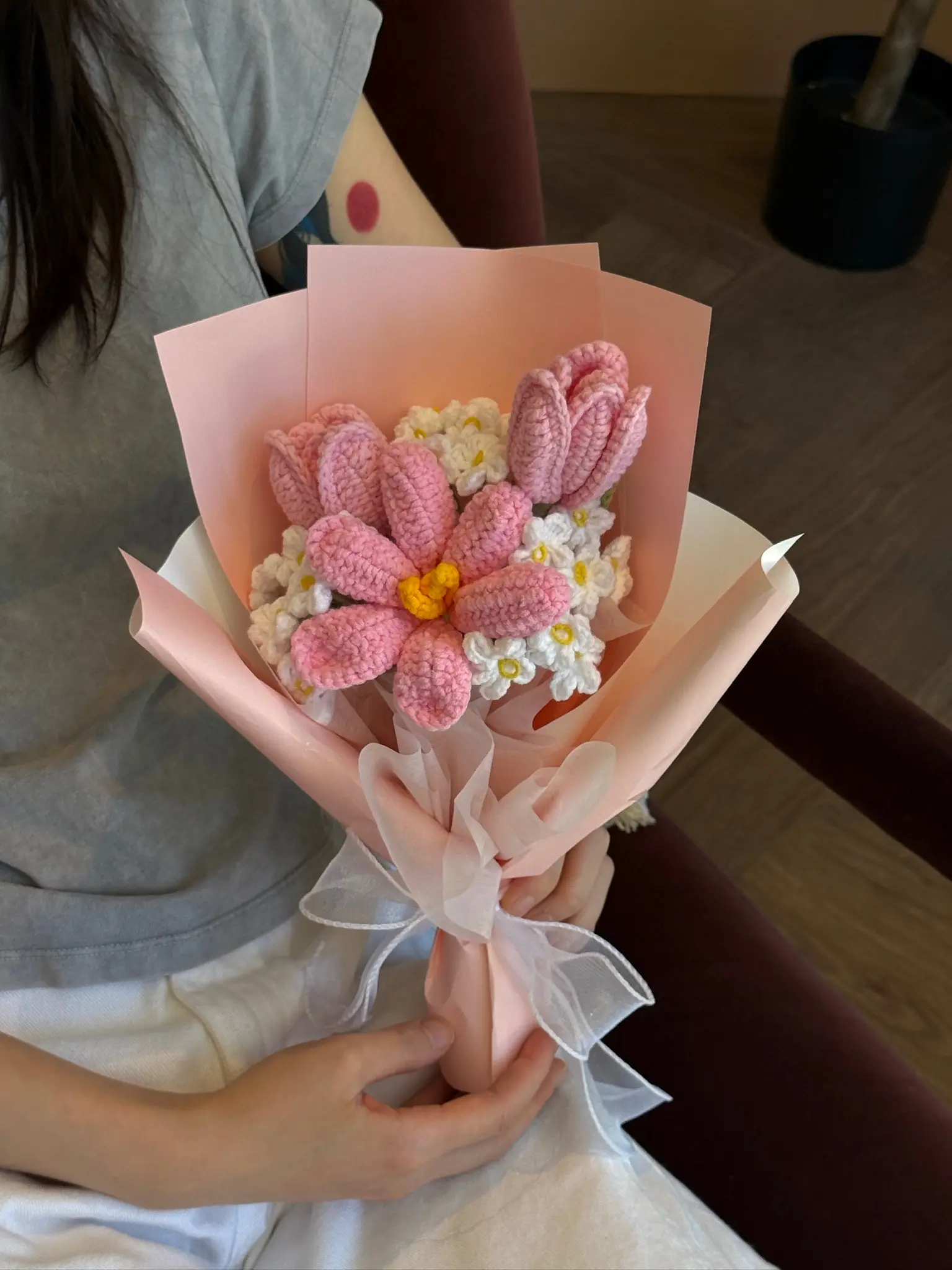 Handmade Crochet Pink Tulip Bouquet with White Baby's Breath, Knitted Flower Gift for Birthday and Graduation
