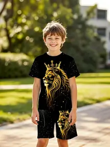 Luxury Gold Lion King Boy Toddler 3D Short Sleeve Set, Outfit, Outdoor Wear, Birthday Gift, Holiday Gift, Casual Slim-Fitting Shorts