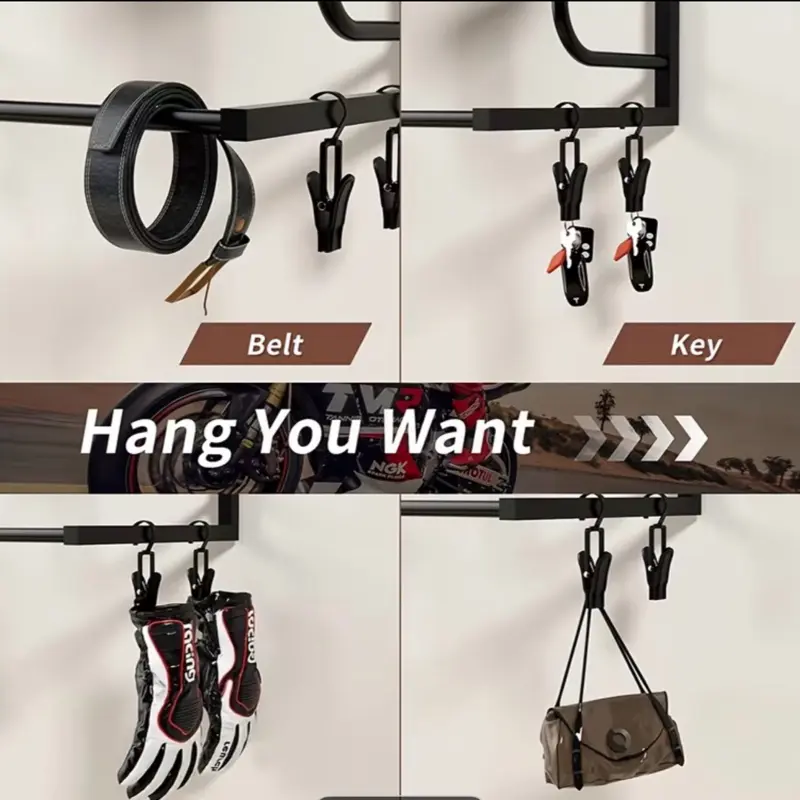 Wall-Mounted Motorcycle Helmet Holder with Hooks & Clip Rack Organizer - Heavy-Duty Metal Garage Storage for Helmets, Jackets, Gloves, Boots, Keys & Motorcycle Accessories, Spacesaving Design, Durable Construction, Home Organization