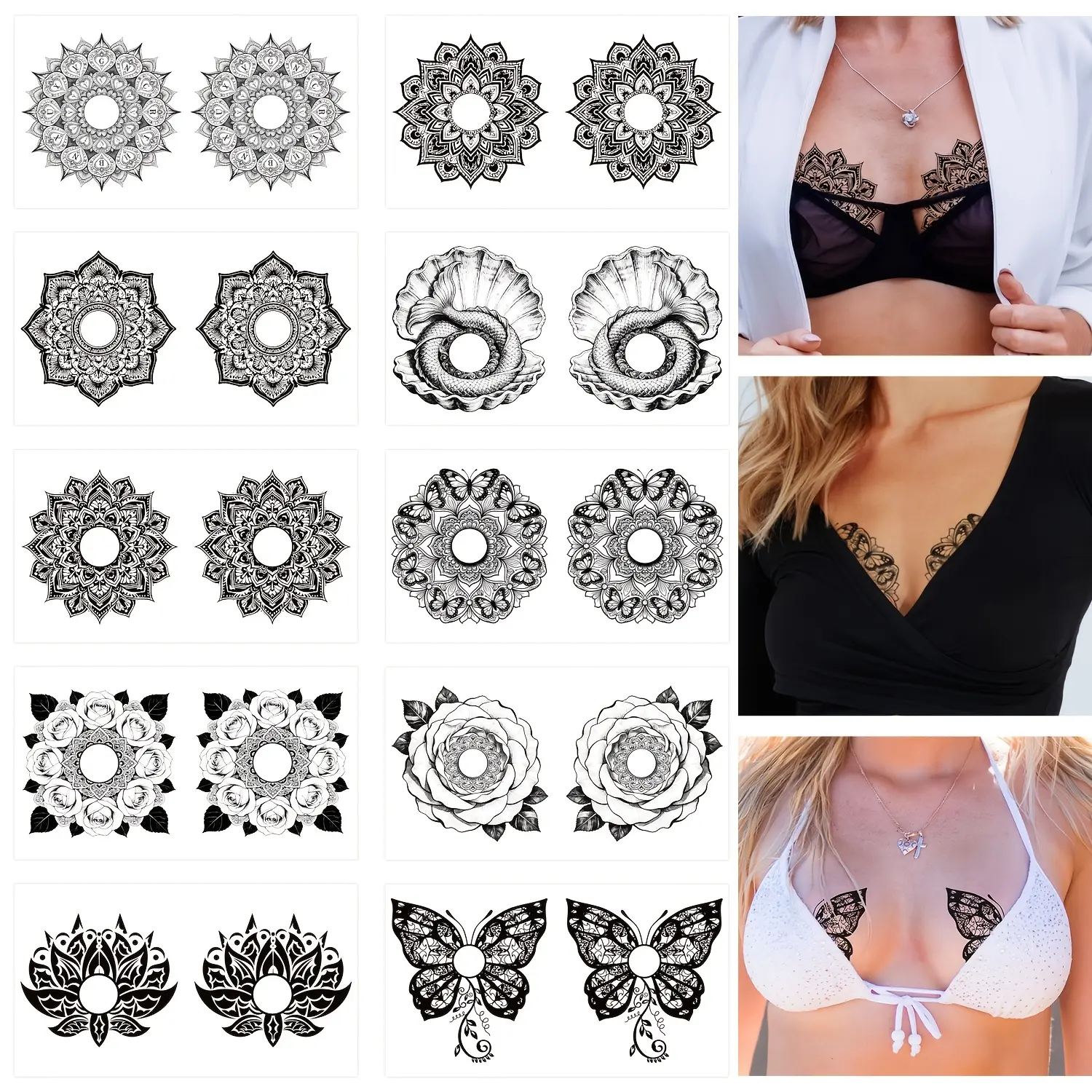 10pcs clavicle temporary tattoos, mandala and butterfly patterns, multifunctional body art stickers, waterproof and easy to peel temporary tattoos, Peel Off Tattoo, Tattoo For Beginners, Fake Tattoos