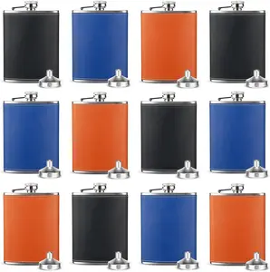 Leather   Flask 8 oz Stainless Steel Flask with Funnel and  Glasses for Men Women   Father's Day Gifts Camping Wedding Party (Light Brown, Royal Blue, Black)