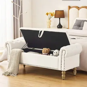 52"Beige Storage Bench With Nailhead Trims Modern Linen Upholstered End Of Bed Bench With Rolled Arms Luxurious Button Tufted Entryway Bench With Wood Legs Flared Ottoman Bench For Corridor Bedroom Living Room Hallway Room Decor