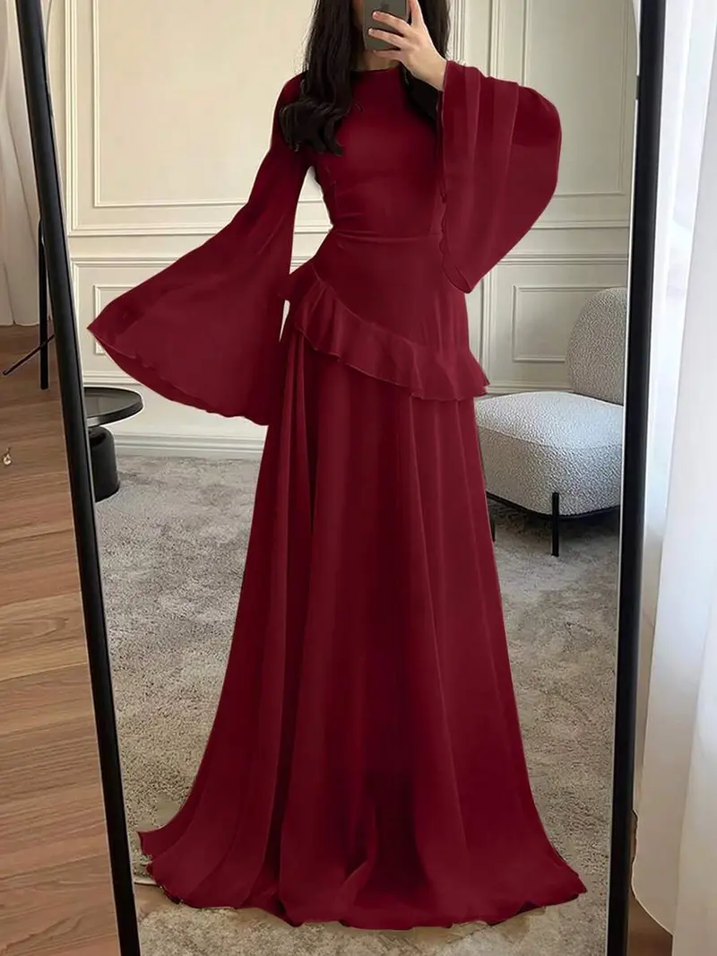open lace back dress Yachira Burgundy Velvet Lace Flare Sleeve Mini Dress main image 0