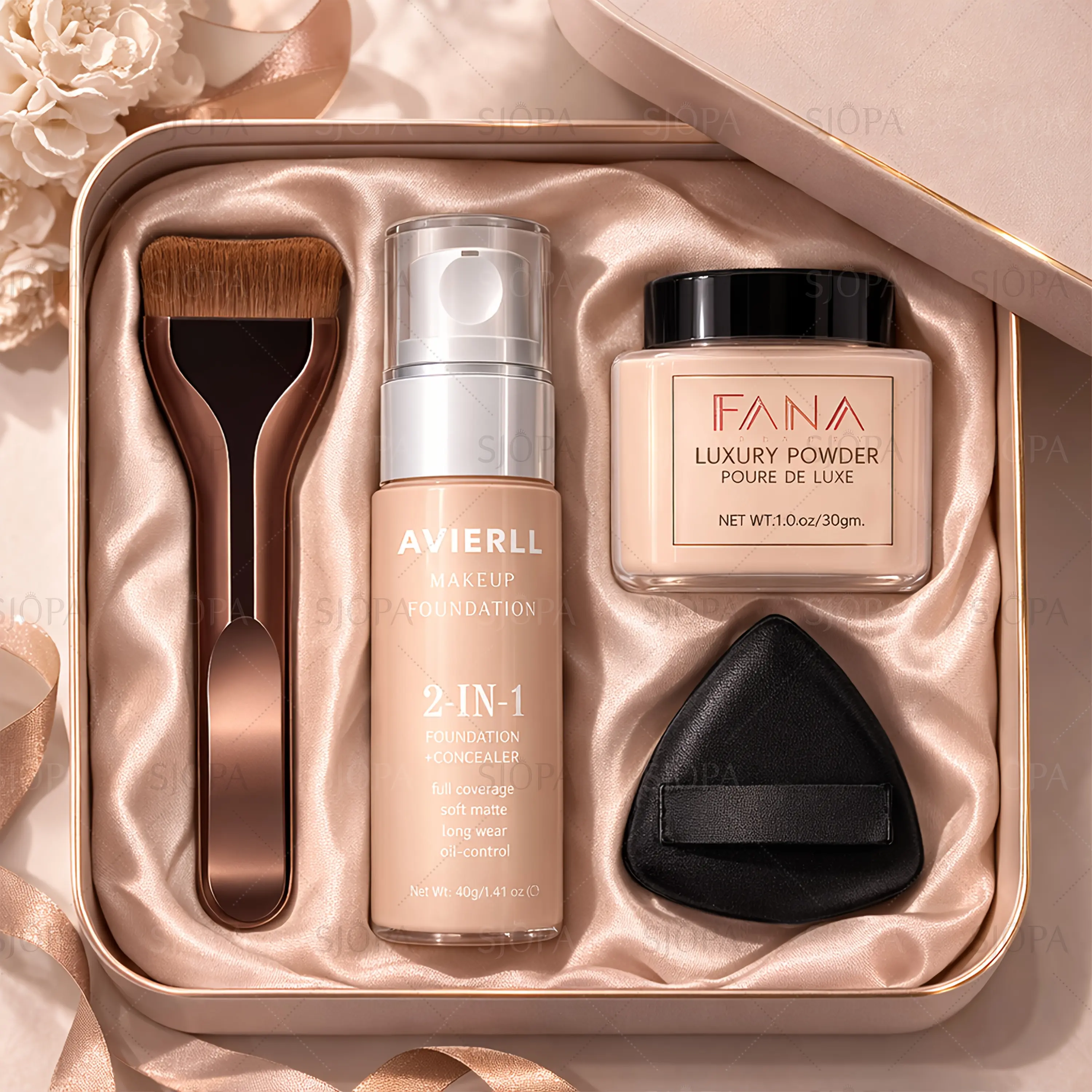 Soft Matte Cosmetic 4-Piece Aesthetic Makeup Set - 4-in-1 Combination Effortless Makeup Set with 2-in-1 Foundation Concealer, Loose Powder, Brush, Triangle Puff for Long-Lasting Everyday Wear, Aesthetic Makeup Sets
