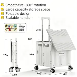 1 foldable portable handcart, 45L foldable handcart, portable small trailer, detachable plastic travel storage box, outdoor handcart with 4 swivel wheels and lid, mobile storage box for camping, shopping, and picnicking