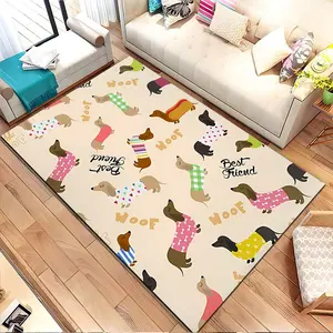 Cartoon dachshunds in colorful sweaters. Printed pattern home carpet, suitable for living room, bedroom, kitchen mat, home decoration, carpet, and also suitable as a holiday gift for family and