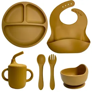 6pcs Baby LED Weaning Feeding Set with Divided Suction Plate Sippy Cup Adjustable Bib Spoons Forks Non Toxic Silicone for Toddlers BLW Utensils Plate