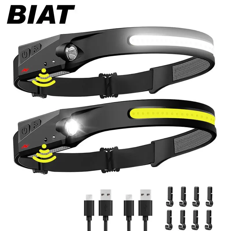 Rechargeable Headlamp, 230° Wide Beam Head Lamp with Motion Sensor, Waterproof Head Light Flashlight for Hiking, Running, Repair, Fishing, Biking, Sum