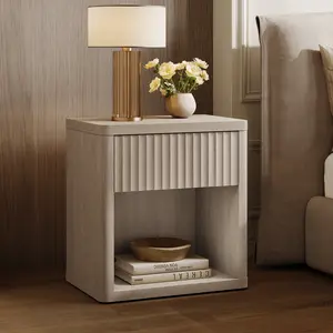 Nightstand with Drawer Storage, Open Shelf, Spacious Desktop - Modern Fluted Mid-Century Minimalist Accent Furniture for Bedroom, Living Room - Compact Indoor Side Table