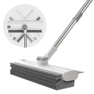 3-in-1 Foor Scrub Bathtub Brush with Long Handle, Double-Sided, Heavy- Duty Stif Brstles & Squeegee - Scrape & Scrub for Shower, Bathroom, Patio, Garage, Kitchen, Wall & Deck - Home Cleaning Essentials Toilet