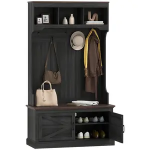 HOMCOM 3-in-1 Hall Tree with Shoe Storage, Standing Coat Rack with Shoe Bench, Entryway Furniture with Three Hooks, White Wood Grain