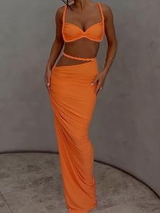 women's solid / colorblock ruched crop cami top & skirt two-piece set, sexy fashion casual two piece outfits for daily outdoor wear, women clothes for spring & fall, matching sets, elegant two piece sets, sleeveless womenswear, summer outfits set