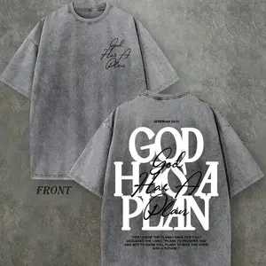 Vintage Washed "God Has a Plan" Double-Sided Print Tee | 230gsm Heavyweight Christian Streetwear, Unisex Wide-Shoulder Fit, High-Quality Cotton Casual Top for Men & Women Oversized Ribbed